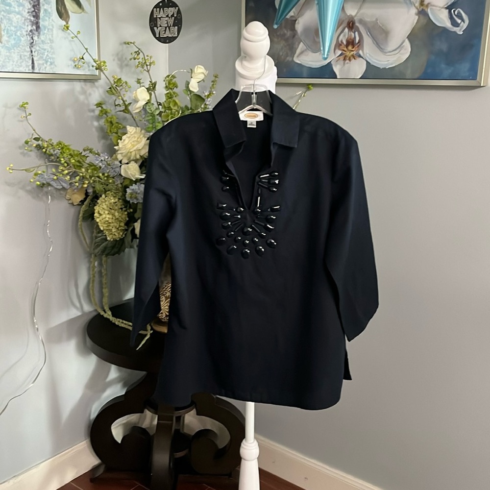 Talbots navy blue shirt, size medium. Good condition. 58% cotton and 42% linen.